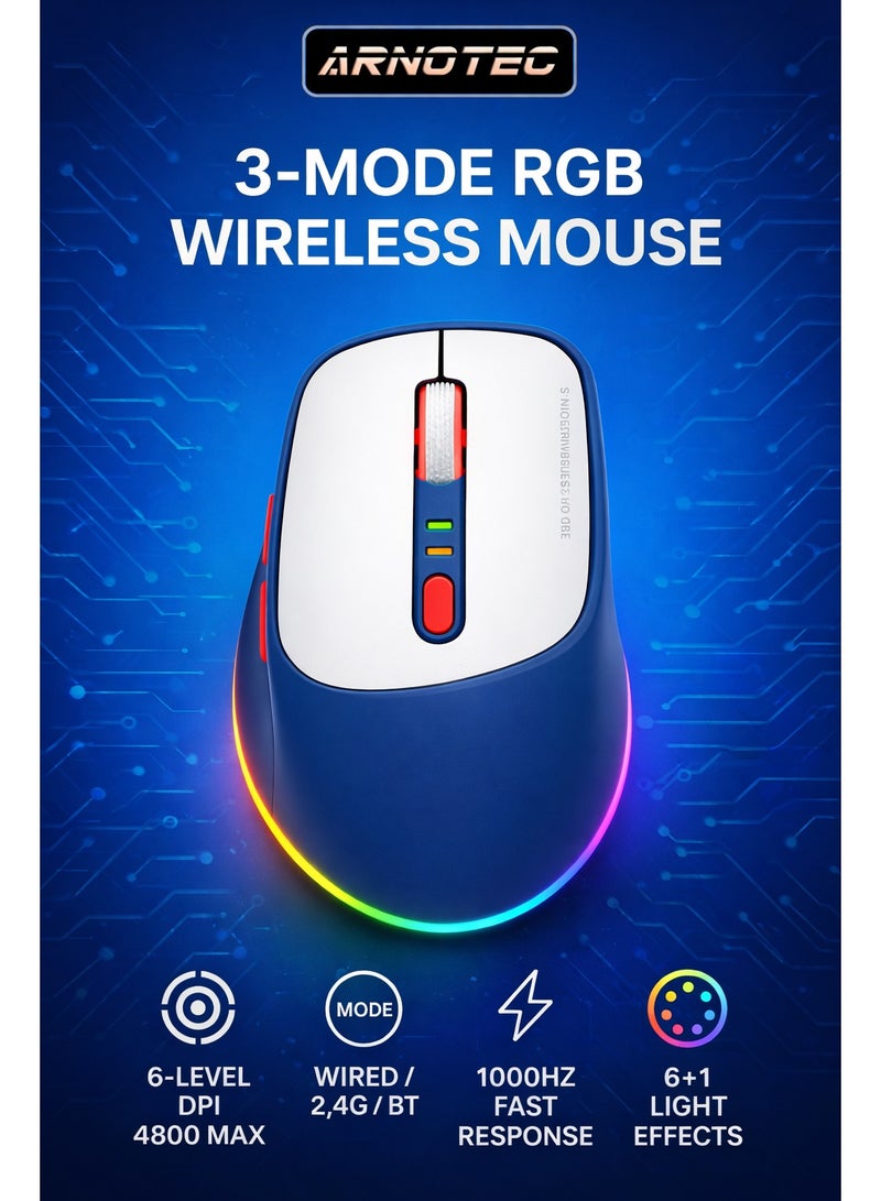 ARNOTEC Triple-mode mouse RGB luminous gaming mouse 500Amh lithium battery charging 1K return rate 4800DPI wired TYPE C wireless 2.4G Bluetooth three modes connection method office game universal fashion color wireless - Image 1
